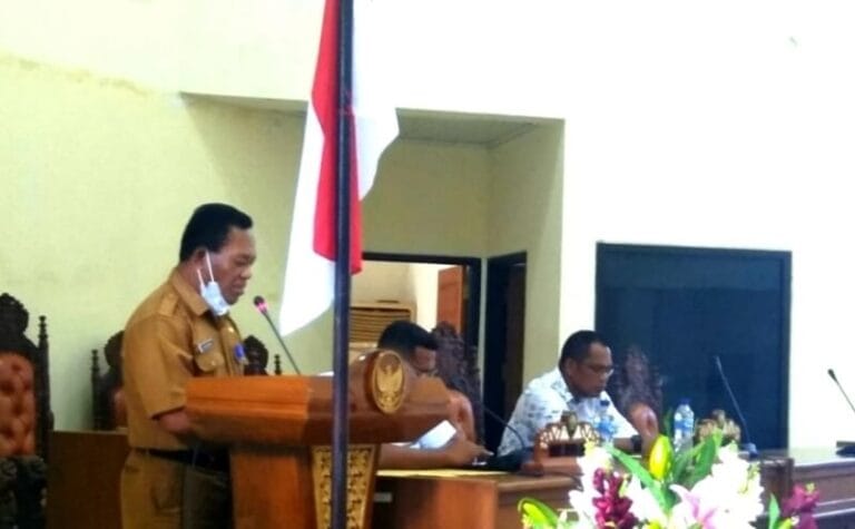 Sekertaris Dewan (Sekwan) Andreas Savsavubun melaporkan capaian kinerja DPRD dalam rapat paripurna tutup masa sidang III tahun 2021 dan buka masa sidang I tahun 2022, di ruang sidang utama, Rabu (11/1/2022). Foto: Petter Letsoin
