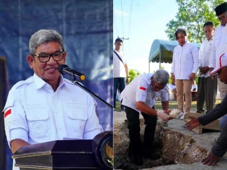 Bupati Maluku Tenggara M. Thaher Hanubun menyampaikan sambutan pada acara peletakkan batu pertama pembangunan gedung Sekretariat DPC Partai Gerindra Malra. Acara terebut dilaksanakan di Jln. Langgur-Debut, Langgur, Kei Kecil, Malra, Maluku, Jumat (23/9/2022). Foto: Bagian Protokoler dan Komunikasi Pimpinan Malra