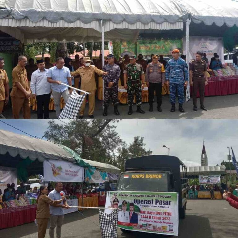 Pembukaan pasar murah dan pelepasan peserta pasar murah diwakili Anggota DPRD Malra Fadly Reyaan di Halaman Gedung Serbaguna Larvul Ngabal Ohoijang Selasa (18/4/2023). Foto: Kett Remetwa