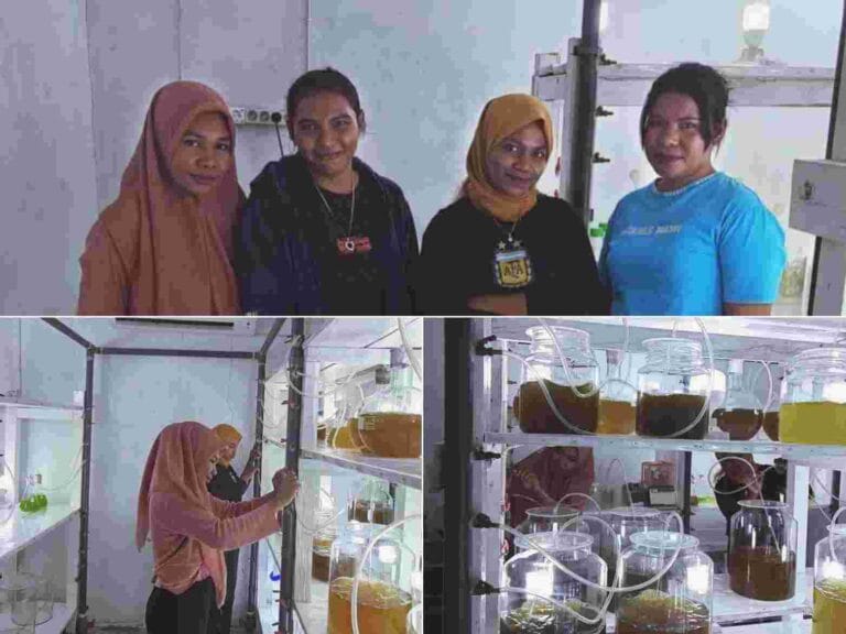 Gambat atas: Sani Labetubun (kedua dari kanan), lulusan Polikant yang kini menjadi Kepala Laboratorium PT. Davin Mutiara Ohoiwa. Ketiga orang lainnya adalah staf laboran yang juga lulusan Polikant. Foto: Dokpri