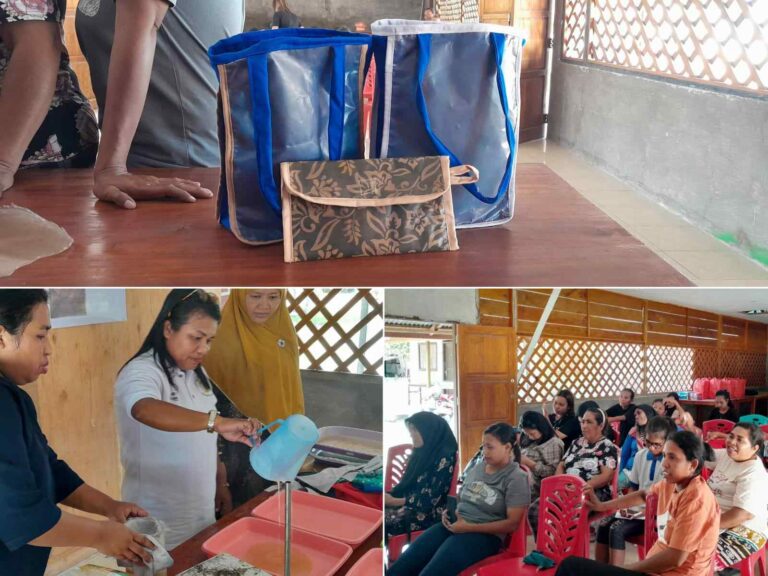 Polikant menggelar pelatihan pembuatan dompet dan tas oleh-oleh di Balai Ohoi/Desa Wisata Ohoidertawun, Kei Kecil, Maluku Tengara, Maluku, Kamis (30/11/2023). Polikant melibatkan puluhan ibu-ibu setempat dan sejumlah mahasiswa. Foto: Labes Remetwa