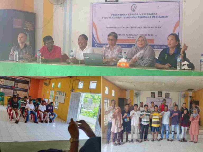Program Studi Teknologi Budidaya Perikanan (TBP) Politeknik Perikanan Negeri Tual (Polikant) melaksanakan sosialisasi kepada pemerintah dan masyarakat Ohoi Sitniohoi tentang prospek budidaya teripang, Sabtu (2/12/2023). Foto: Dokpri