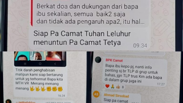 Kolase gambar yang menampilkan percakapan dalam sebuah grup WhatsApp yang diduga melibatkan Camat Kei Besar Utara Timur (Kebut), dalam politik praktis Pilkada Malra 2024.