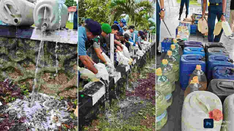 Kolase foto: Pangkalan TNI Angkatan Laut (Lanal) Tual melakukan pemusnahan Minuman Keras (Miras) jenis sopi. Acara pemusnahan digelar di Lapangan Mako Lanal Tual, Kamis (27/2/2025). Foto: Labes Remetwa