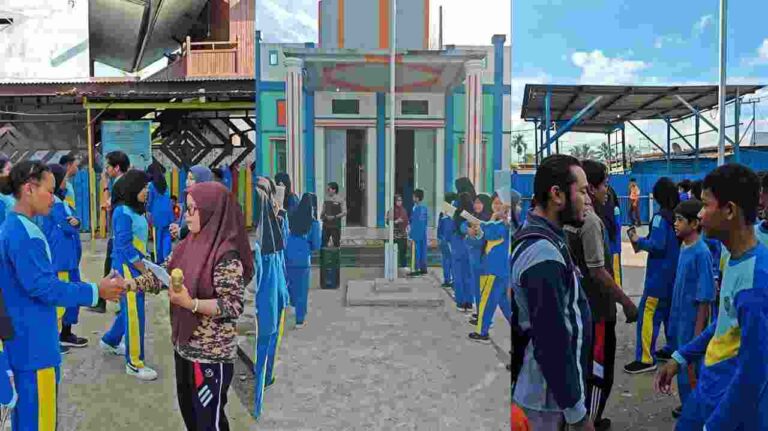 Kolase foto: Tampak para siswa sedang menyetor password alias menyampaikan hafalan kosa kata, kepada guru-guru di Halaman Harmoni School Terpadu Bintuni, Kabupaten Teluk Bintuni, Papua Barat, Sabtu (24/5/2025). Foto: Labes Remetwa