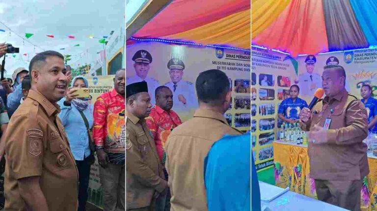 Kolase foto: Bupati Teluk Bintuni Yohanis Manibuy dan Wakil Bupati Joko Lingara mengunjungi Stand Pameran Pembangunan Disperindagkop dan UKM pada peringatan HUT ke-22 Teluk Bintuni, Senin (9/6/2025). Foto: Labes Remetwa