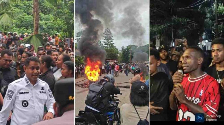 Kolase foto: Bupati Teluk Bintuni Yohanis Manibuy turun tangan menangani aksi pemblokiran jalan, pemukulan anak asli tujuh suku, dan tuntutan kuota CPNS bagi anak asli tujuh suku, Rabu (27/8/2025). (Suara Damai/Labes Remetwa)