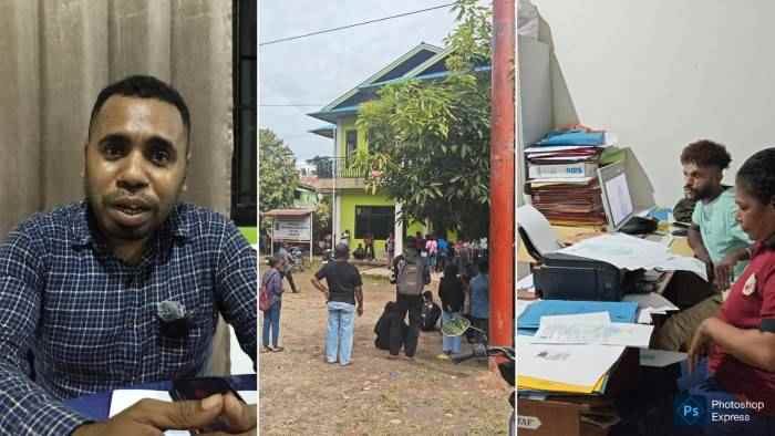 Kolase foto. Kiri ke kanan: Koordinator Panitia LMA Tujuh Suku untuk formasi CPNS 2024, Rustam Kambori, antrian pencaker di depan kantor LMA, dan aktivitas panitia, pada Jumat (29/8/2025). (Suara Damai/Labes Remetwa)