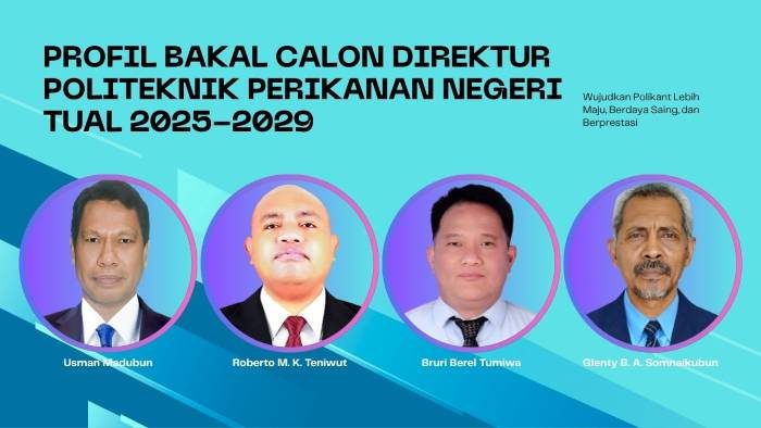Bakal Calon Direktur Polikant 2025-2029. Kiri ke kanan: Dr. Usman Madubun, S.Pi., M.Si, Roberto Mario Kabi Teniwut, S.E., M.M, Bruri Berel Tumiwa, SP., M.Si, dan Glenty B. A. Somnaikubun, S.Kom., M.M.