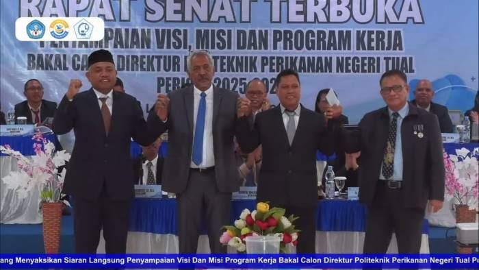 Para Bakal Calon Direktur Polikant Periode 2025-2029. Kiri ke kanan: Roberto M. K. Teniwut, S.E., M.M., Glenty B. A. Somnaikubun, S.Kom., M.M., Dr. Usman Madubun, S.Pi., M.Si., dan Bruri B. Tumiwa, S.P., M.Si. Sumber foto: tangkapan layar kanal YouTube Polikant Official