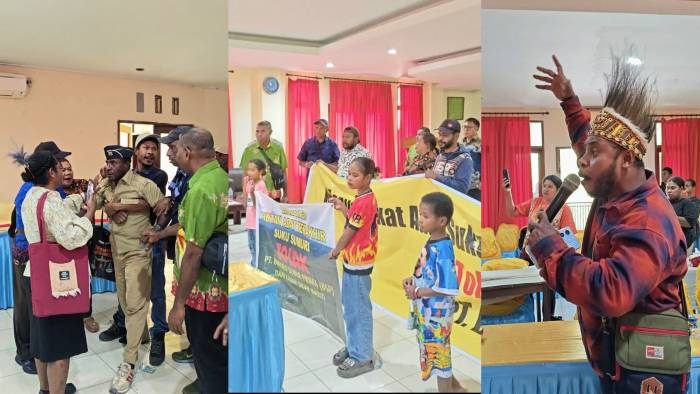 Kolase foto: Aksi masa menolak kehadiran PT. Borneo Subur Prima (BSP) saat berlangsungnya kegiatan Rapat Komisi Penilai AMDAL Dinas Lingkungan Hidup Provinsi Papua Barat, di Hotel Steenkol, pada Kamis (25/9/2025). (Suara Damai/Labes Remetwa)