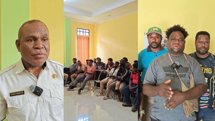 Kolase foto: Puluhan pencari kerja (pencaker) dan sejumlah perwakilan pemuda Tujuh Suku menyambangi Kantor Badan Kepegawaian, Pendidikan, dan Pelatihan (BKPP) Kabupaten Teluk Bintuni, pada Rabu (10/9/2025). (Suara Damai/Labes Remetwa)