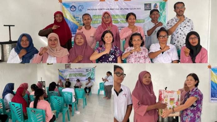 polikant-pelatihan-pengolahan-e-kalori-debut-090925-suaradamai Kolase foto: Pelatihan pengolahan E-KALORI yang dilakukan oleh Politeknik Perikanan Negeri Tual (Polikant), sekaligus penyerahan bantuan peralatan pengolahan E-KALORI, kepada Kelompok Makmur Enbal di Debut, Manyeuw, Maluku Tenggara, Selasa (9/9/2025). (istimewa)
