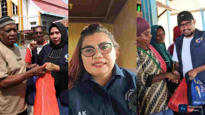 Kolase foto: penyaluran bantuan sembako oleh DPW Nasdem Papua Barat di Kabupaten Teluk Bintuni, Rabu (21/1/2026). (Suara Damai/Labes Remetwa)
