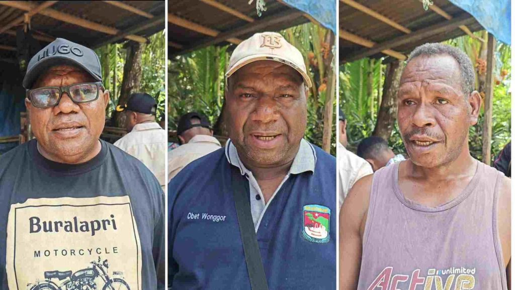 Kiri ke kanan: Ketua Pokja Adat MRP Papua Barat Musa Mandacan, Ketua Pansus Penyelesaian Masalah MRP Papua Barat Obet Wonggor, dan Tokoh Masyarakat Moskona, Korneles Aisnak. (Suara Damai/Labes Remetwa)