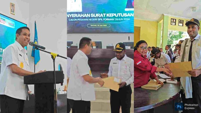 bupati-teluk-bintuni-yohanis-manibuy-menyerahkan-sk-cpns-formasi-2024-030726-labes-suaradamai Sebanyak 331 orang lolos seleksi CPNS 2024. Namun 25 orang diantaranya belum dapat menerima SK hari ini.