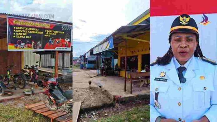 penertiban-relokasi-pedagang-distrik-merdey-teluk-bintuni-sukses-dongkrak-ekonomi-warga-170826-labes-suaradamai Kolase foto. kiri ke kanan: bengkel motor pertama di Distrik Merdey, deretan kios di lokasi baru, dan Kepala Distrik Merdey Yustina Ogoney. (Suara Damai/Labes Remetwa)