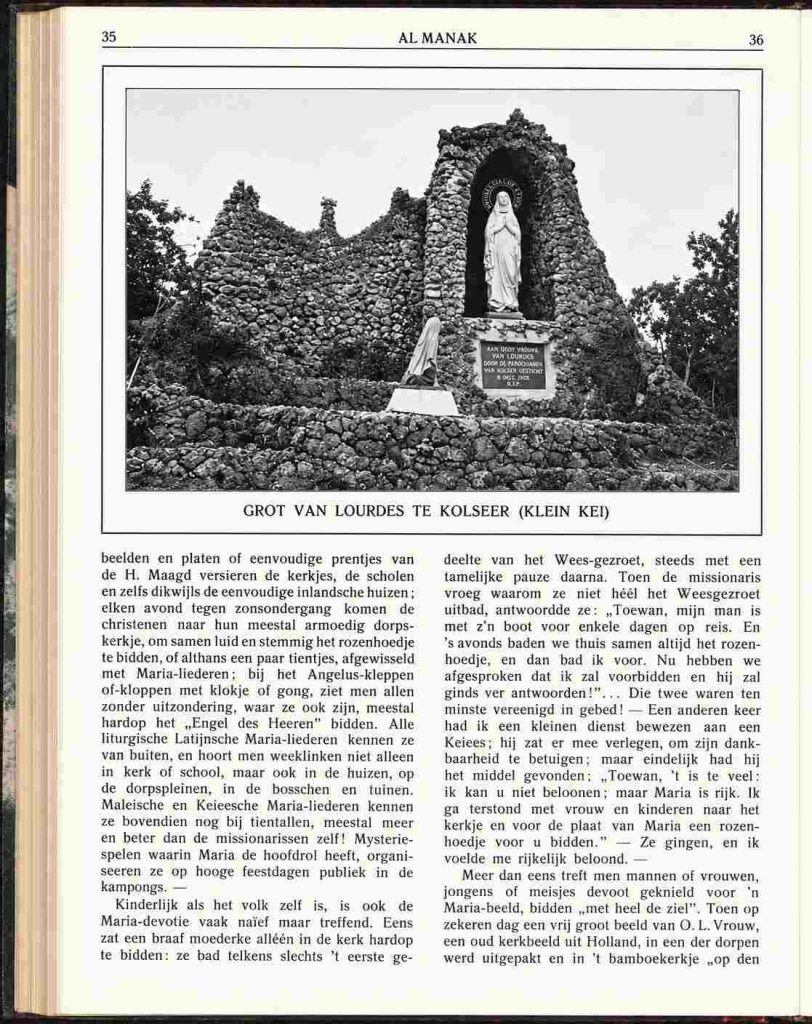 Catatan dalam Almanak Bunda Maria Hati Kudus tahun 1929 yang merekam keberadaan Goa Maria di Kei serta sumbangan patung Bunda Maria dari Lourdes dan Santa Bernadette dari sebuah keluarga di Belanda. Dokumen ini menjadi salah satu sumber tertulis penting dalam penelusuran sejarah Goa Maria Imakulata Kolser